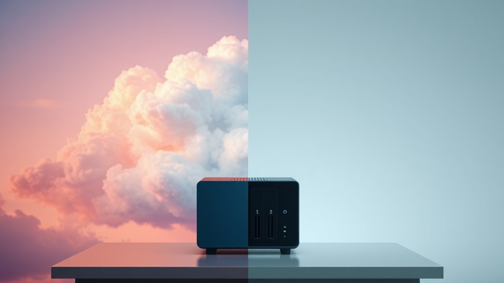 구름 모양의 클라우드 서비스 아이콘과 물리적인 NAS 장비가 서로 대치하고 있는 비교 개념도