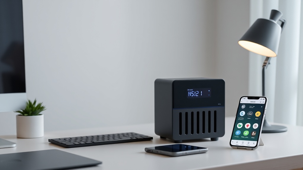 책상 위에 설치된 가정용 NAS 기기와 스마트폰이 네트워크로 연결된 환경을 보여주는 장면