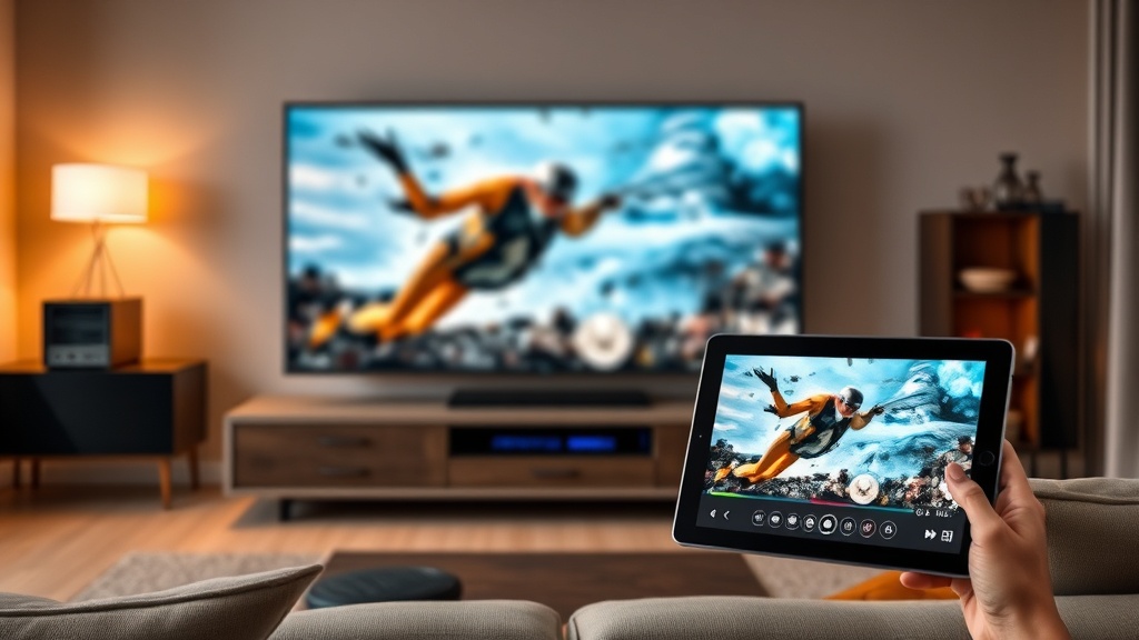 거실 TV와 태블릿에서 NAS에 저장된 고화질 영화를 동시에 스트리밍하고 있는 현대적인 거실 풍경